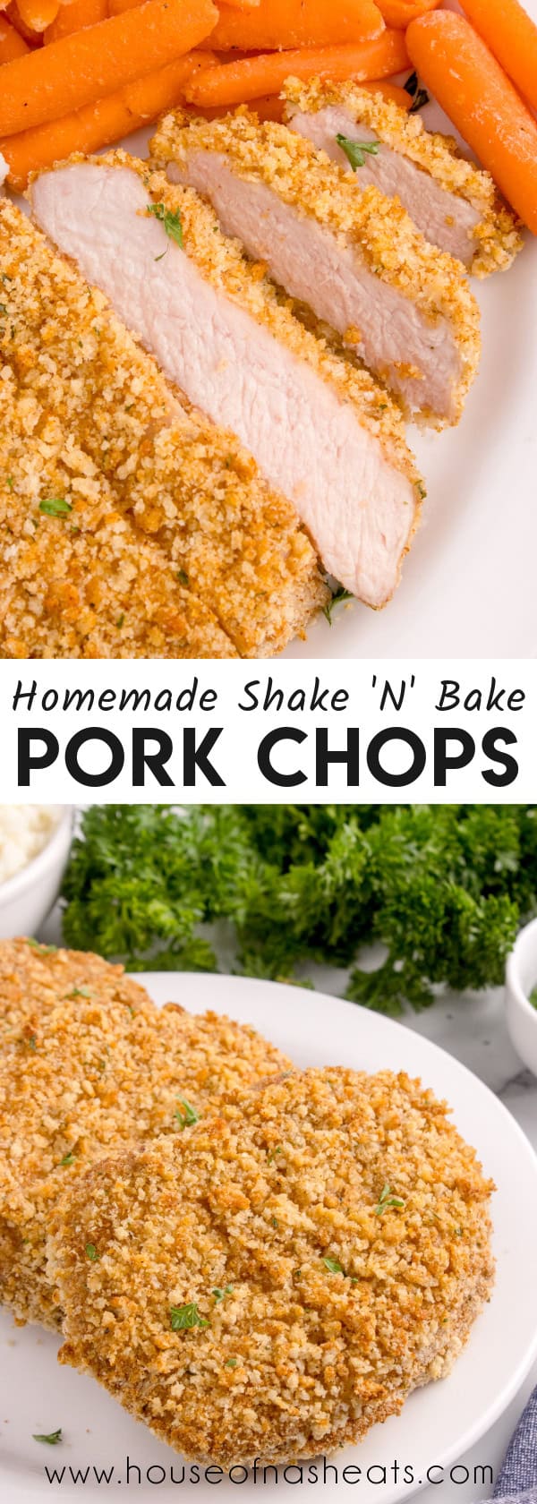 A collage of images of shake n bake pork chops with text overlay.