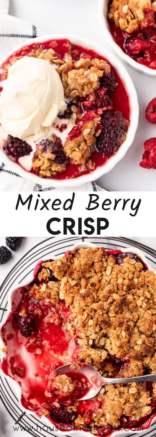 A collage of images of mixed berry crisp with text overlay.