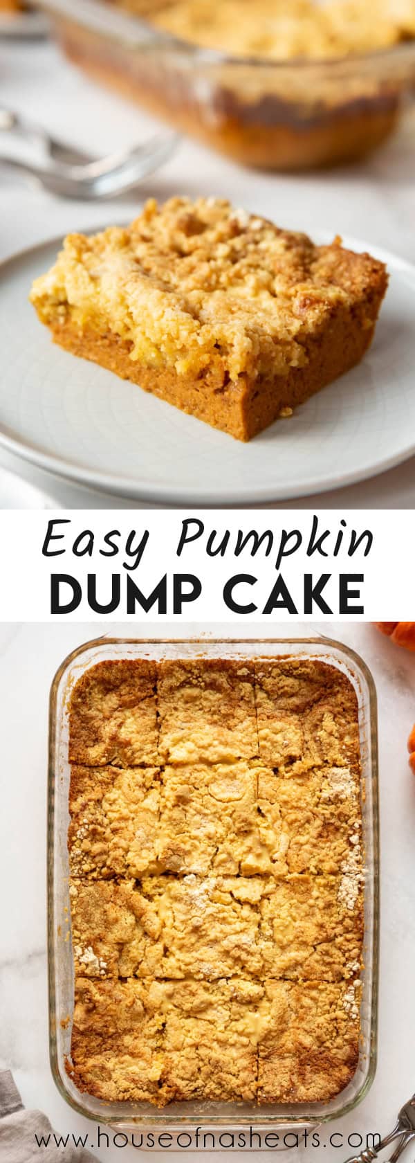 A collage of images of pumpkin dump cake with text overlay.