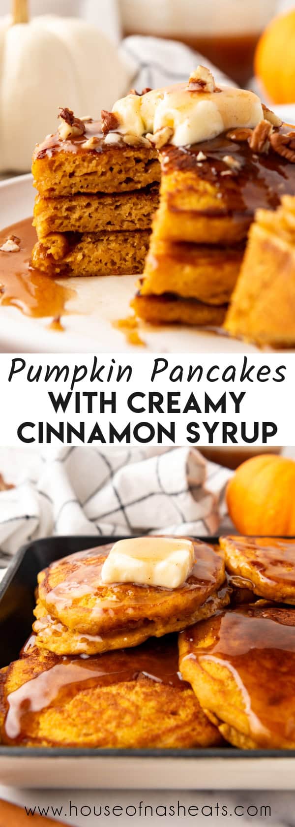 A collage of images of pumpkin pancakes with text overlay.