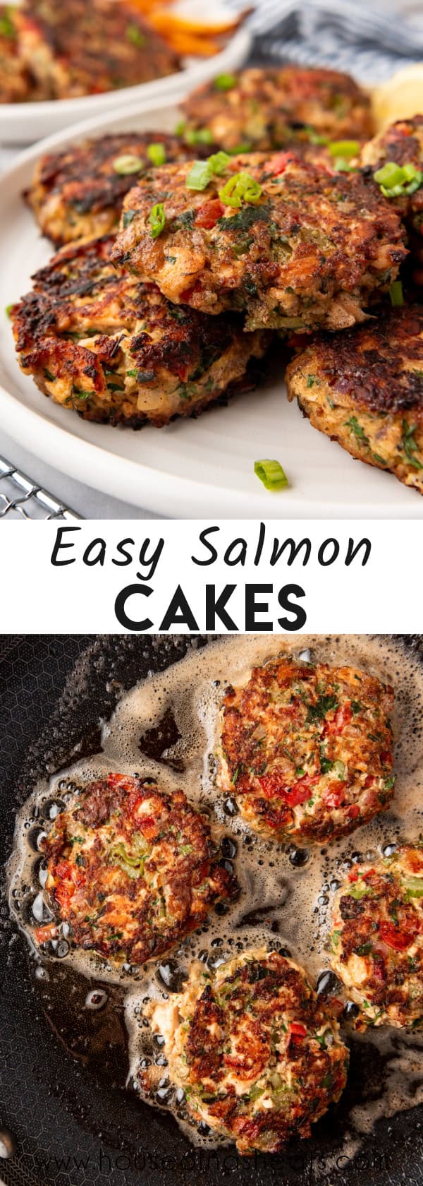 A collage of images of salmon cakes with text overlay.