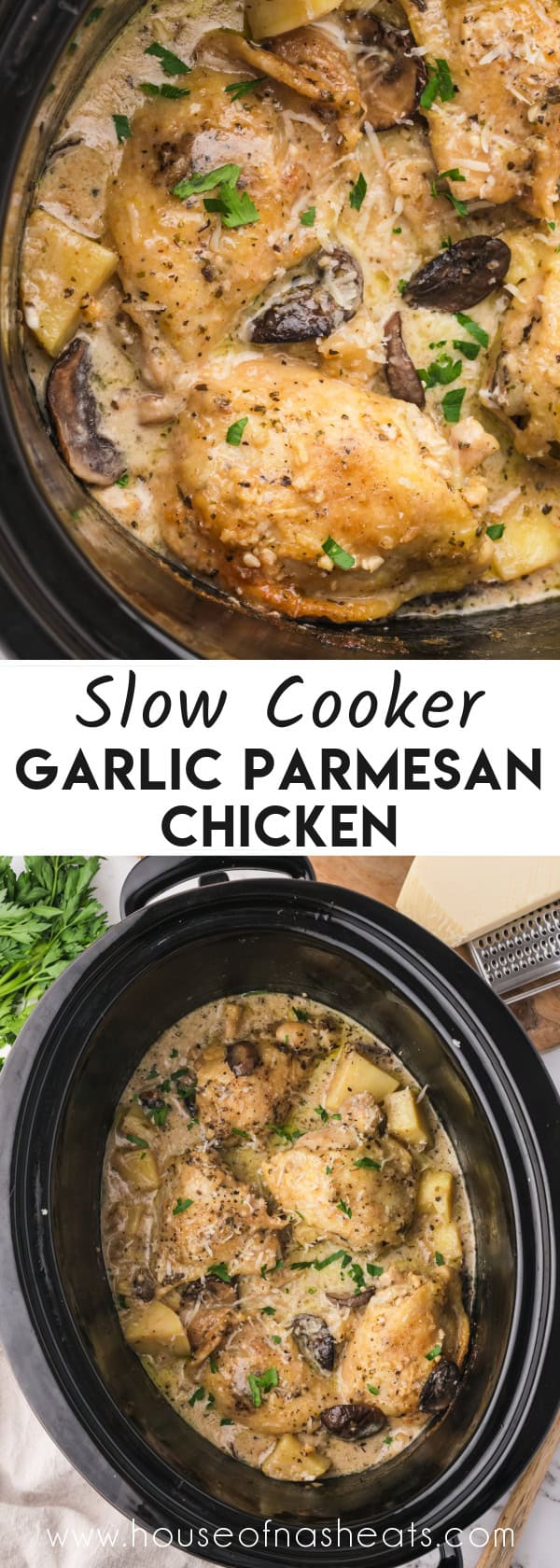 A collage of images of slow cooker garlic parmesan chicken with text overlay.