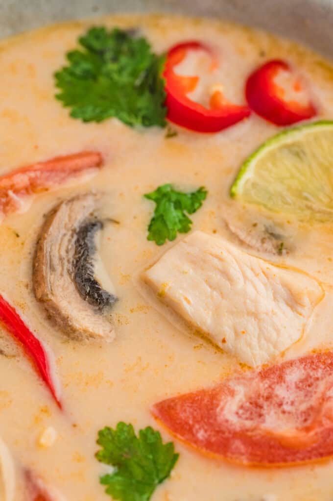 A close up image of tom kha gai with pieces of chicken, tomato, and mushroom floating in it.