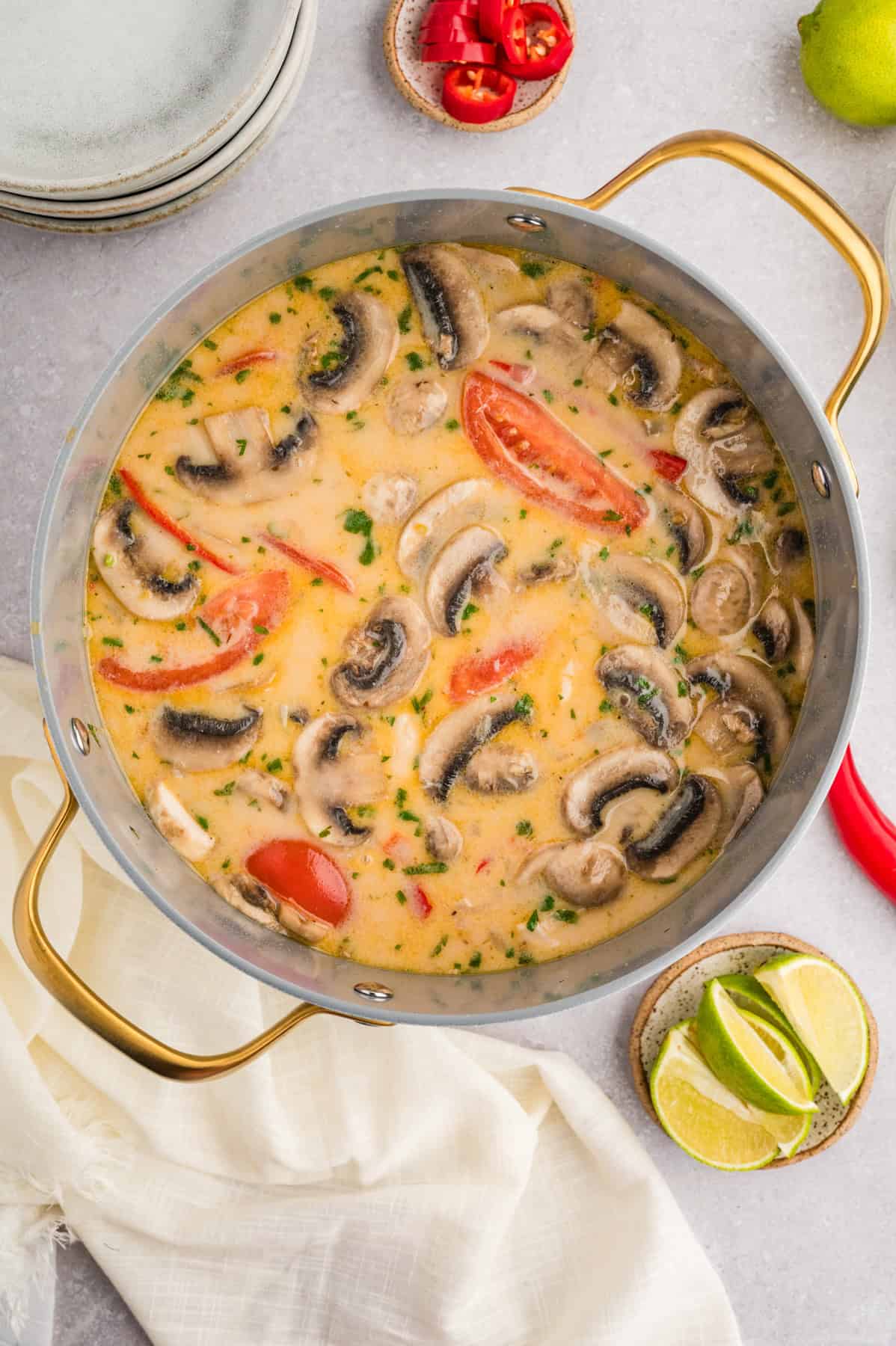 A finished pot of tom kha gai soup.