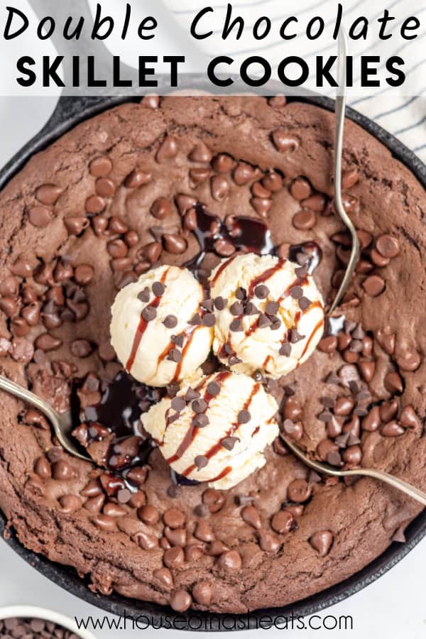 An overhead image of a double chocolate skillet cookie with text overlay.