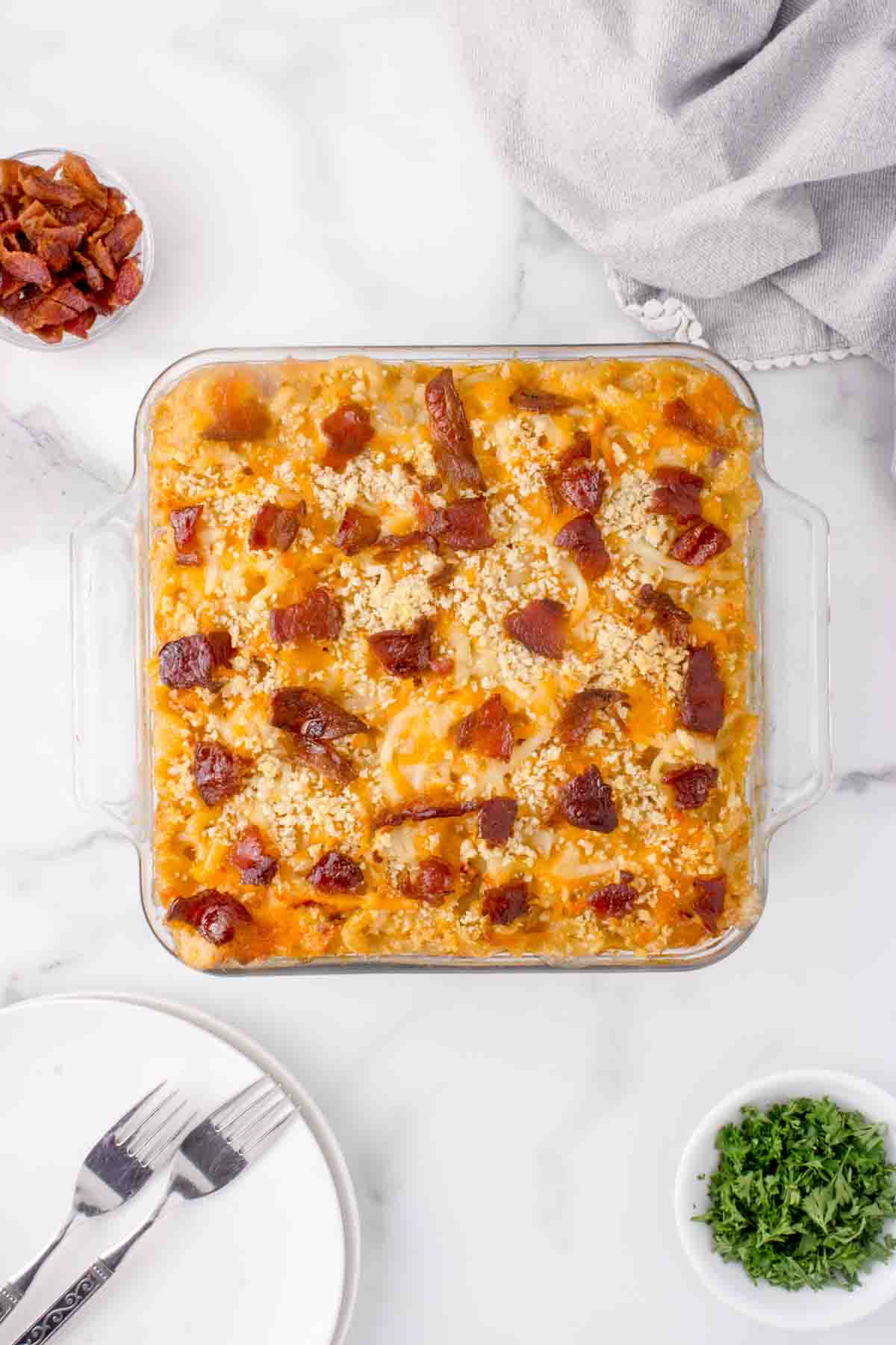 A pan of baked lobster mac and cheese.