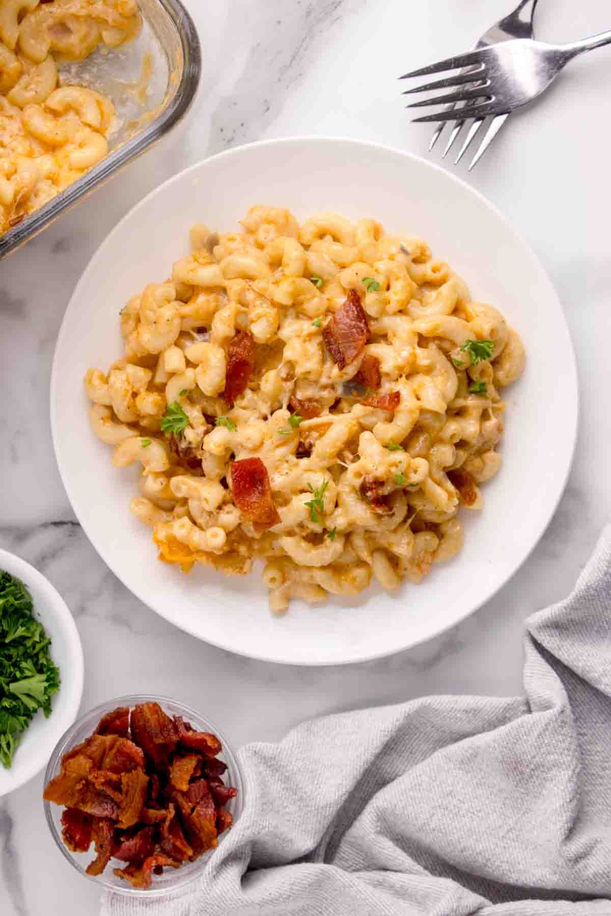 An overhead image of a plate of lobster mac and cheese.