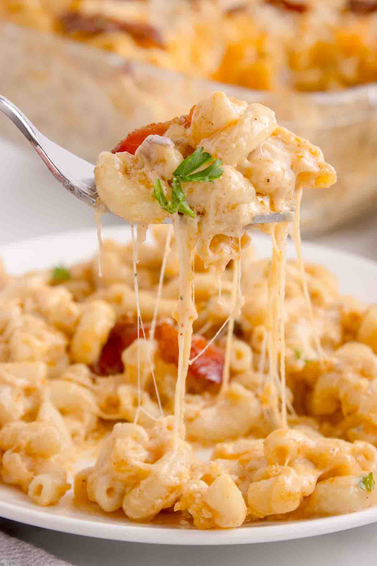 A forkful of lobster mac and cheese being lifted up with dripping cheese.