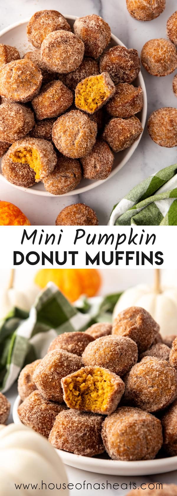 A collage of images of mini pumpkin donut muffins with text overlay.