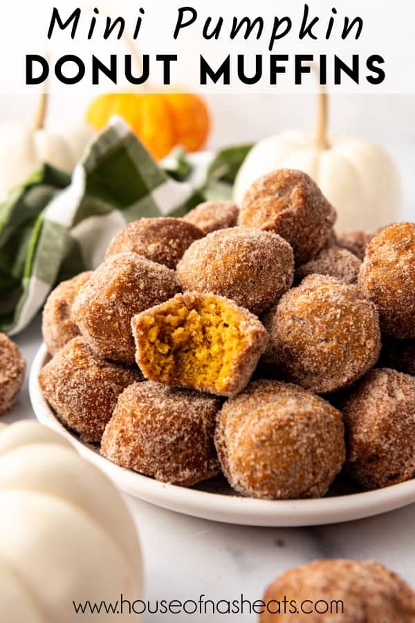 Mini pumpkin donut muffins on a plate with text overlay.