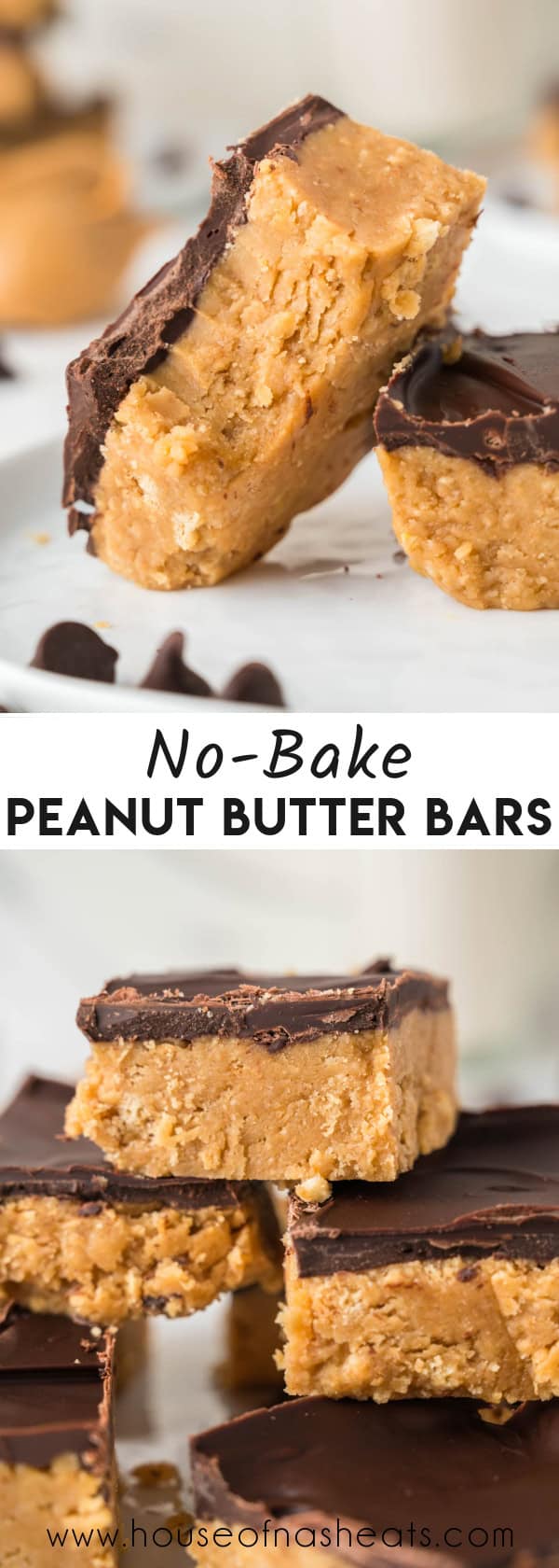 A collage of images of no-bake peanut butter bars with text overlay.