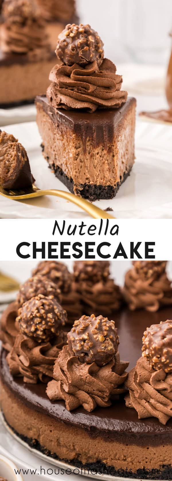 A collage of images of Nutella cheesecake with text overlay.