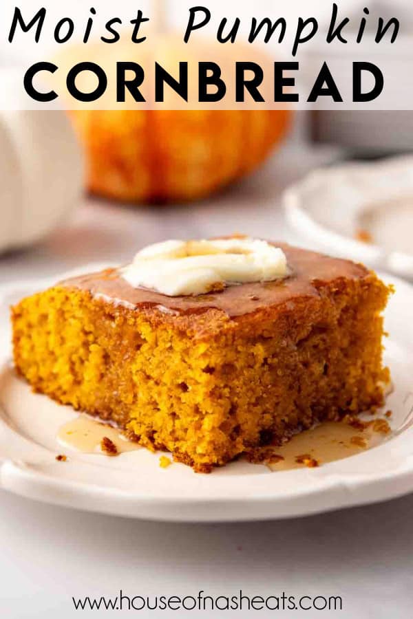 A slice of moist pumpkin cornbread on a plate with text overlay.