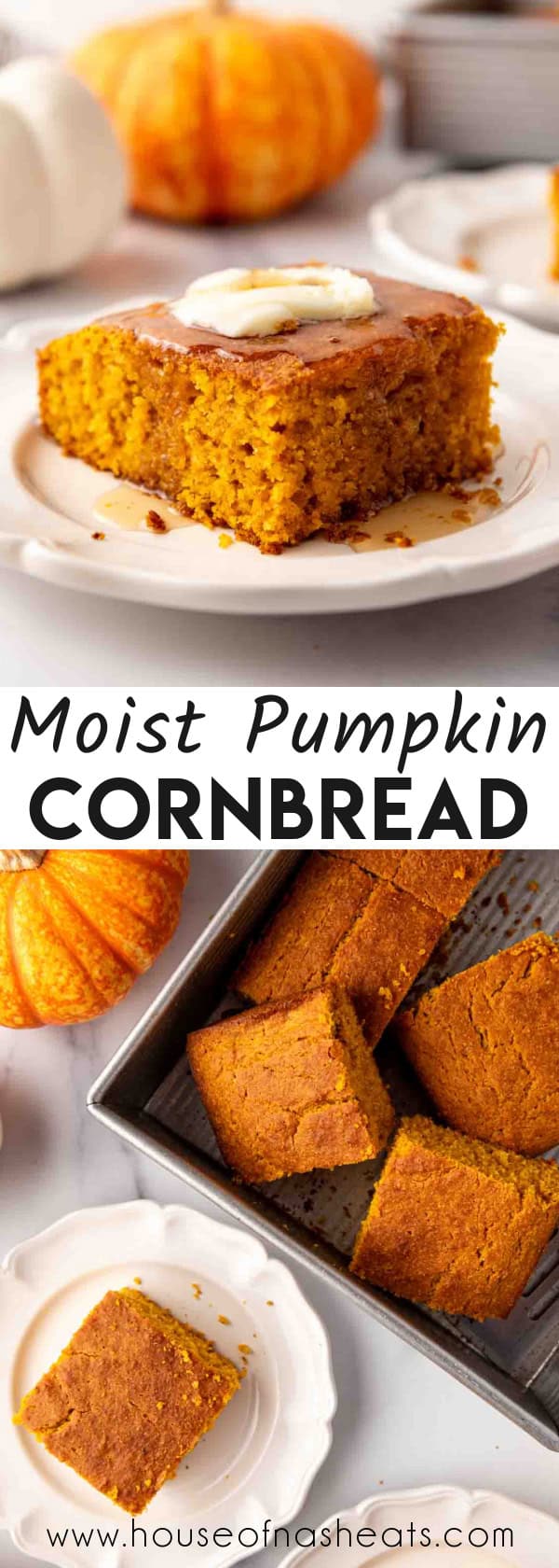 A collage of images of pumpkin cornbread with text overlay.