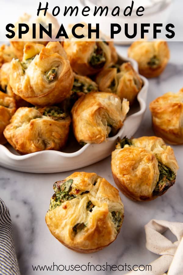 Spinach puffs in a white bowl with text overlay.