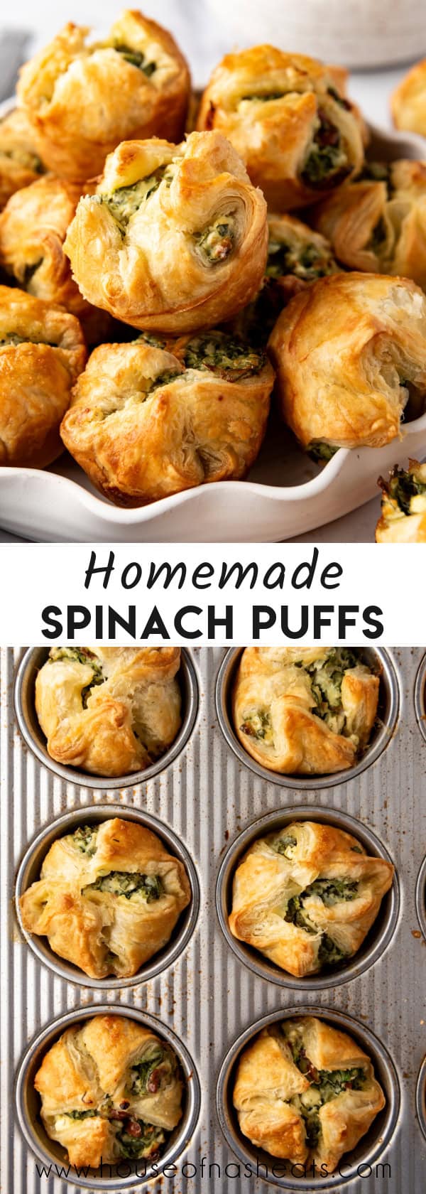 A collage of images of spinach puffs with text overlay.