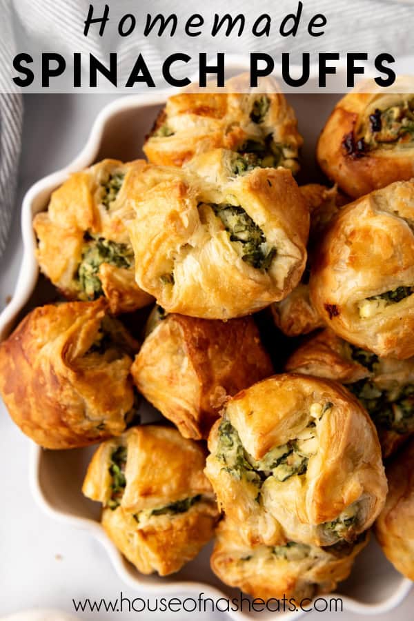 Golden brown spinach puffs with text overlay.