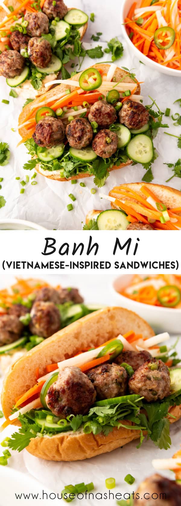 A collage of images of banh mi sandwiches with text overlay.