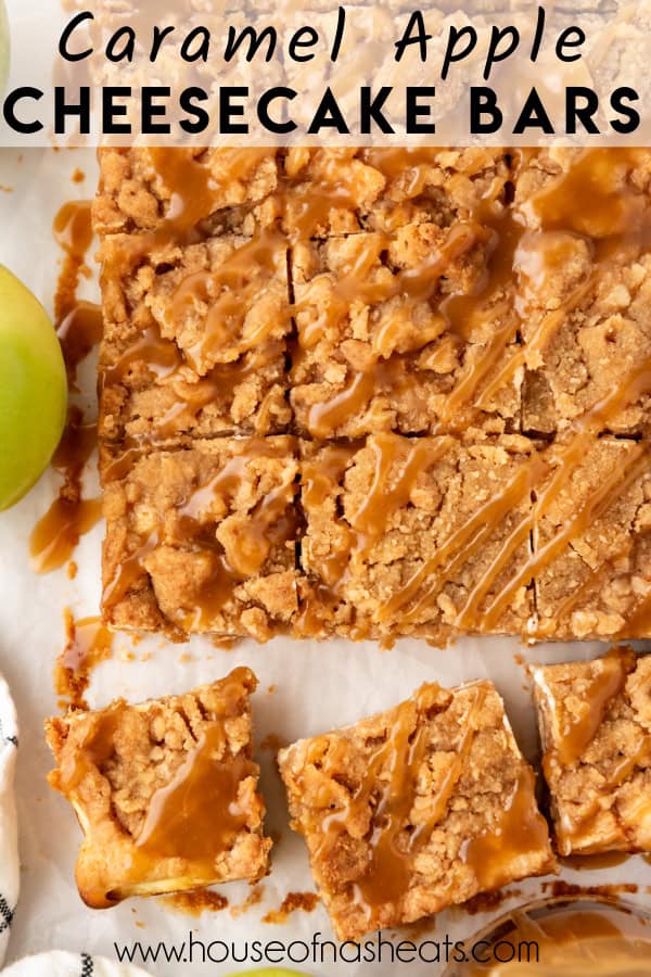 An overhead image of caramel apple cheesecake bars with text overlay.