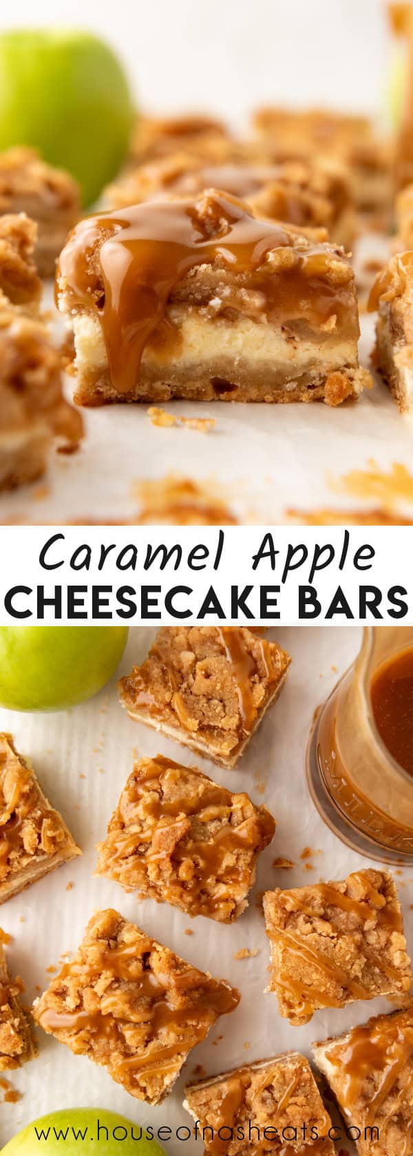 A collage of images of caramel apple cheesecake bars with text overlay.