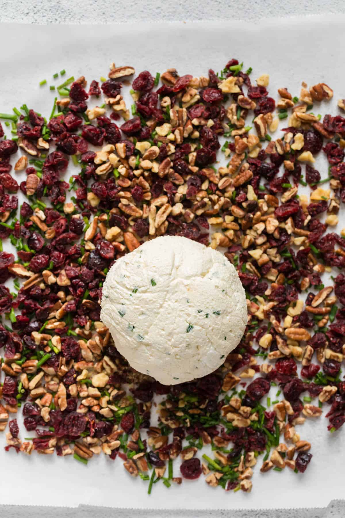 A shaped cheeseball sitting on top of chopped pecans, cranberries and chives.