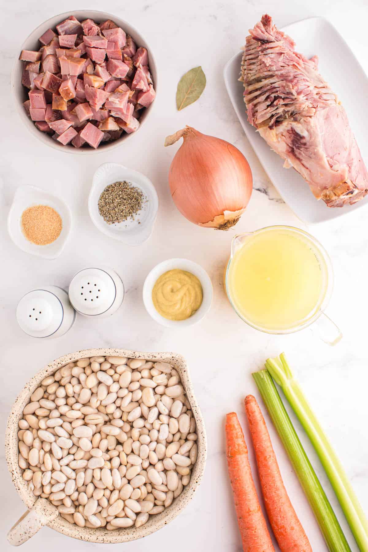 Ingredients for making crock pot ham and bean soup.