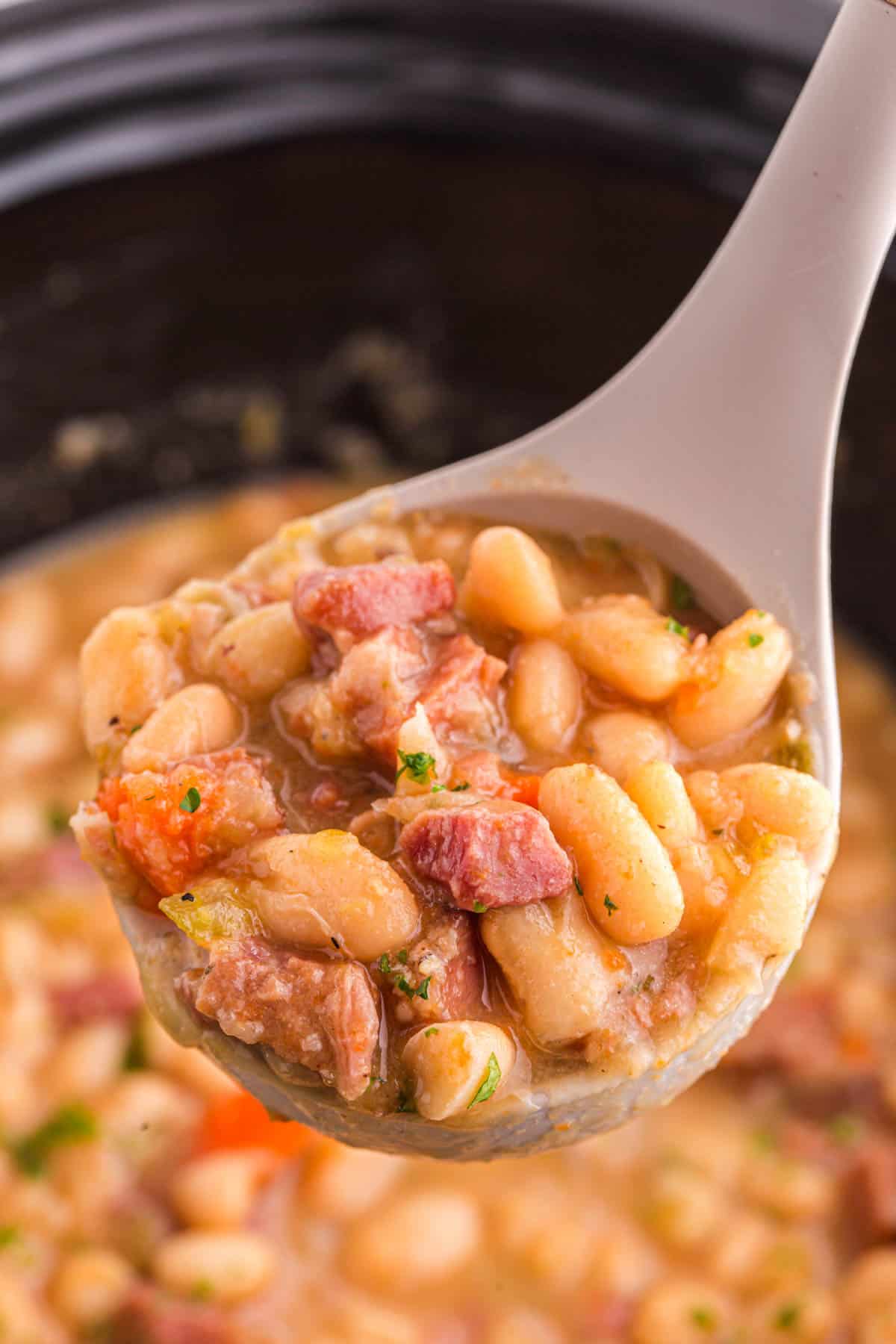 A ladleful of ham and bean soup.