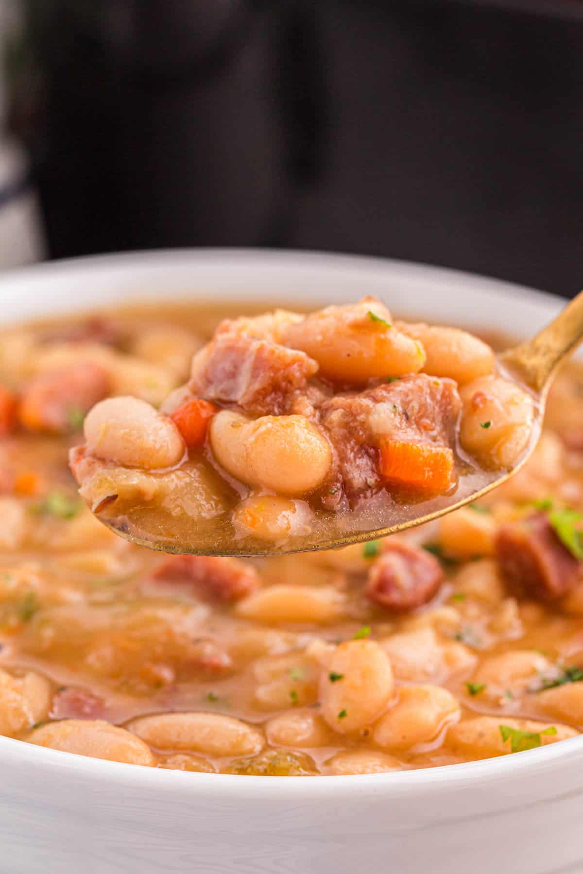 A spoonful of crock pot ham and bean soup.