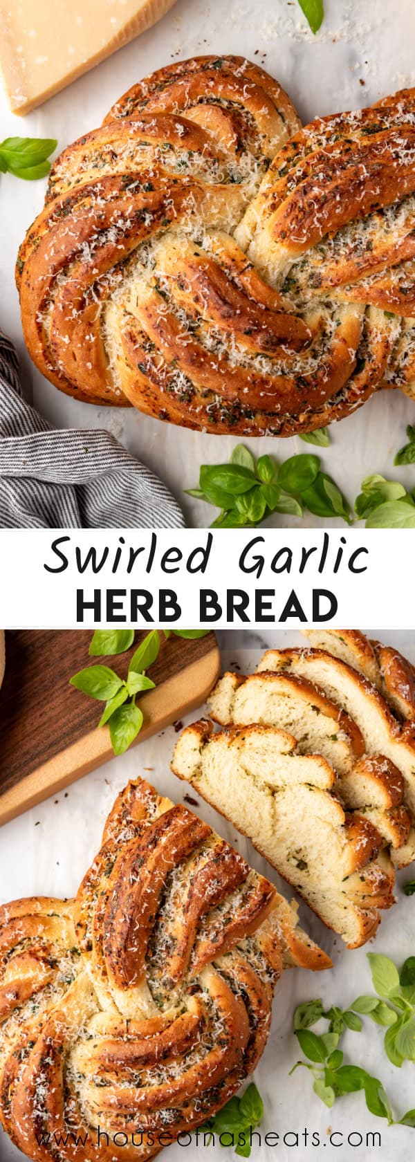 A collage of images of swirled garlic herb bread with text overlay.