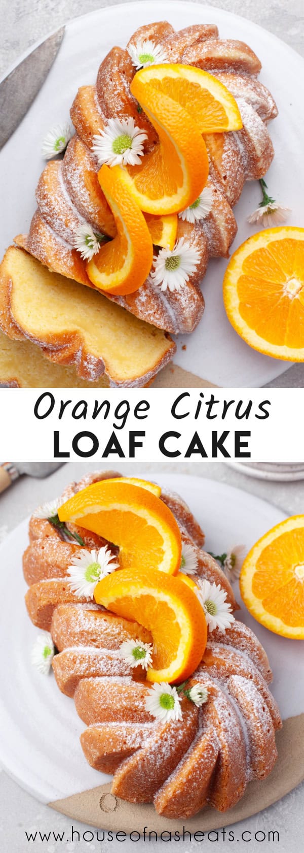 A collage of images of orange loaf cake with text overlay.