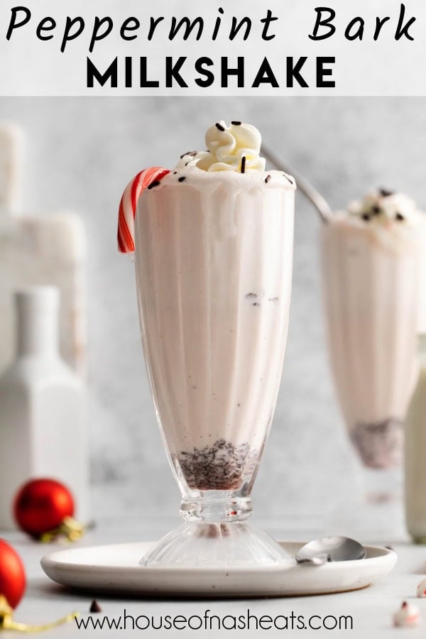 A peppermint bark milkshake with text overlay.