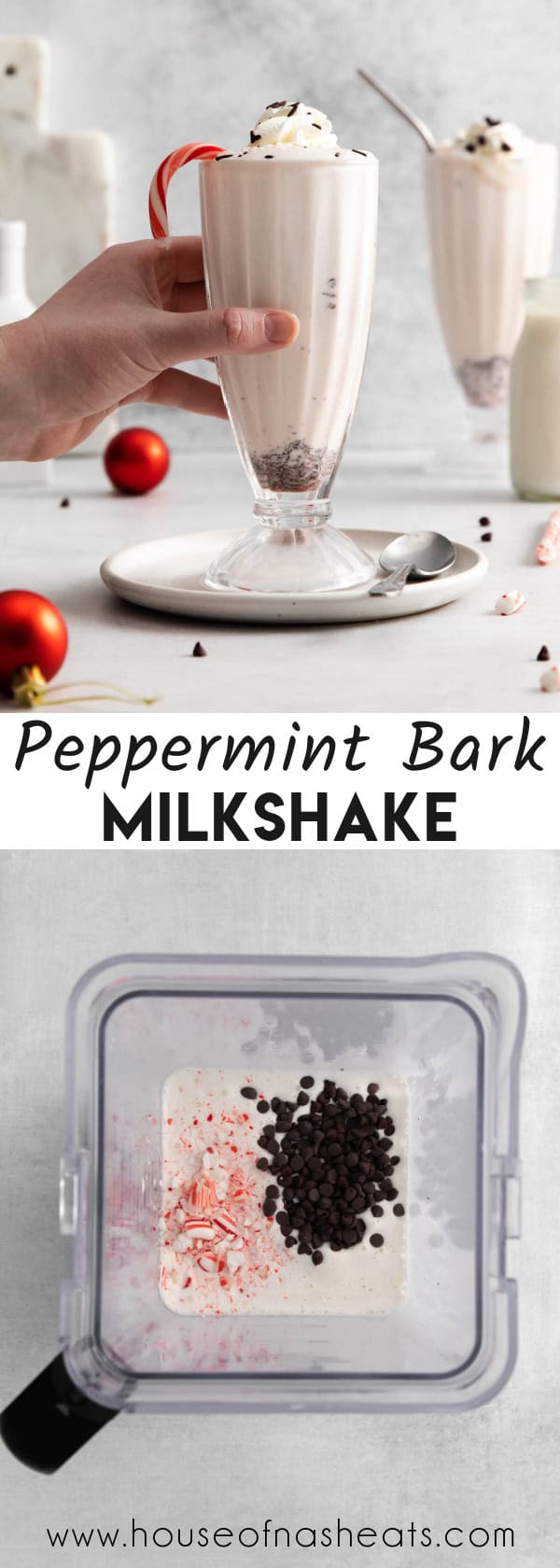 A collage of images of peppermint bark milkshakes with text overlay.