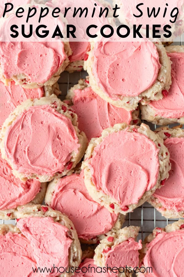 An overhead image of frosted peppermint sugar cookies.