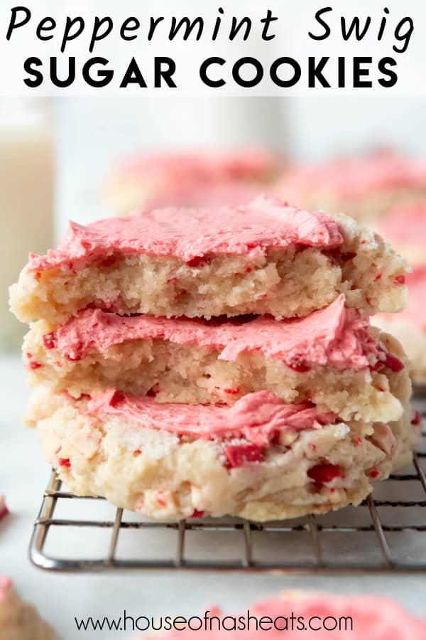 Stacked peppermint sugar cookies with text overlay.