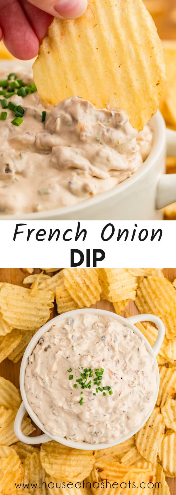 A collage of images of French onion dip with text overlay.