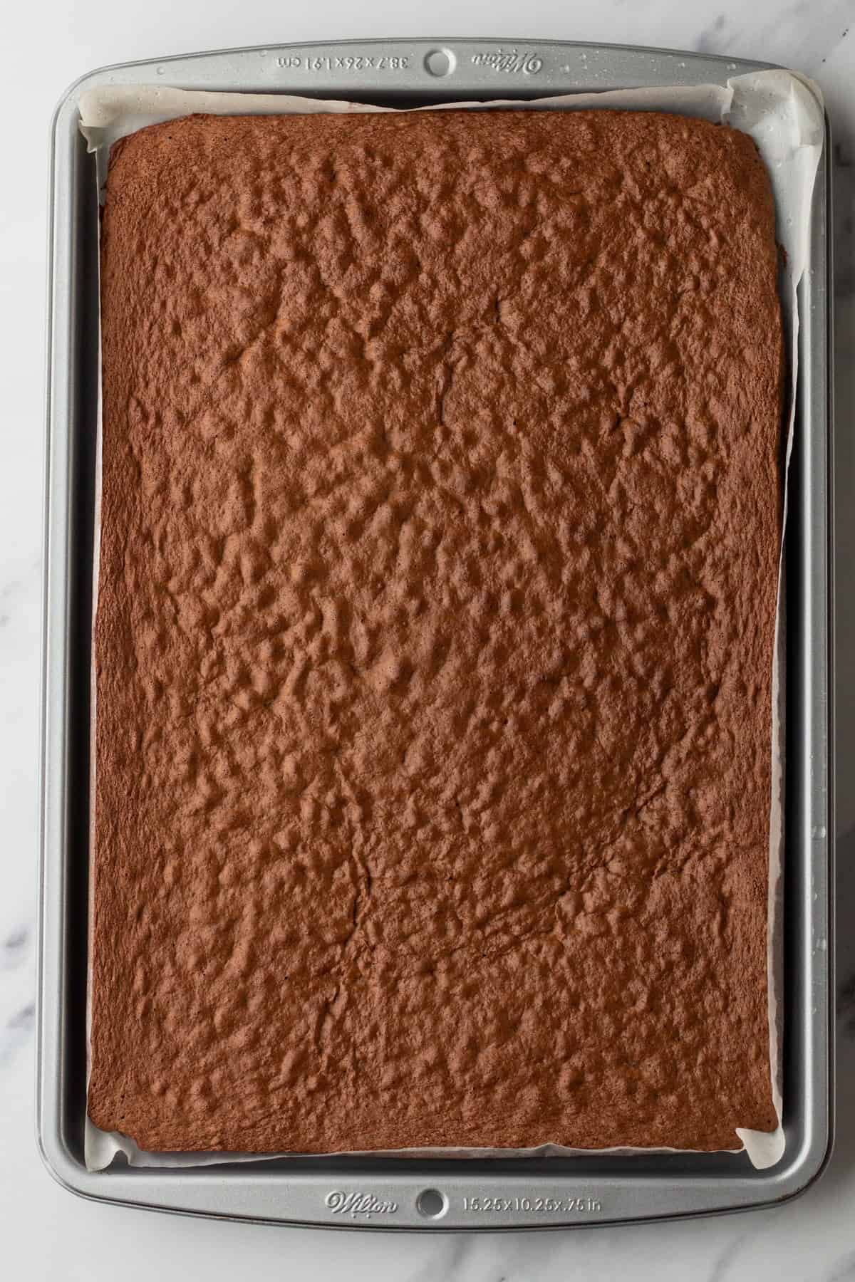 A baked chocolate cake in a jelly roll pan.