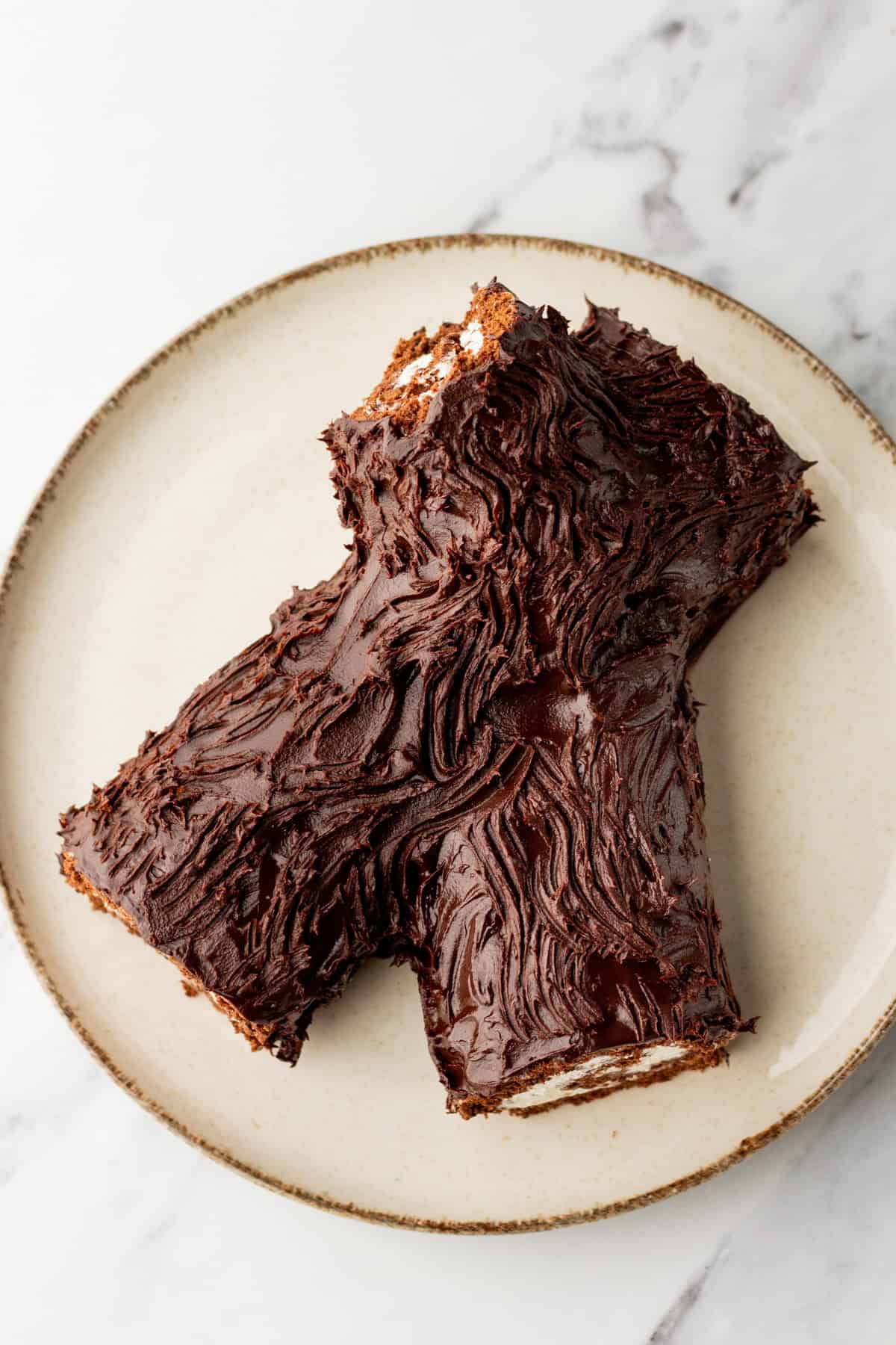 An overhead image of a yule log cake.