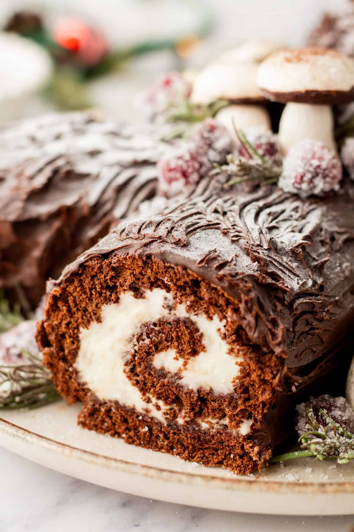 A side view of a yule log dessert.