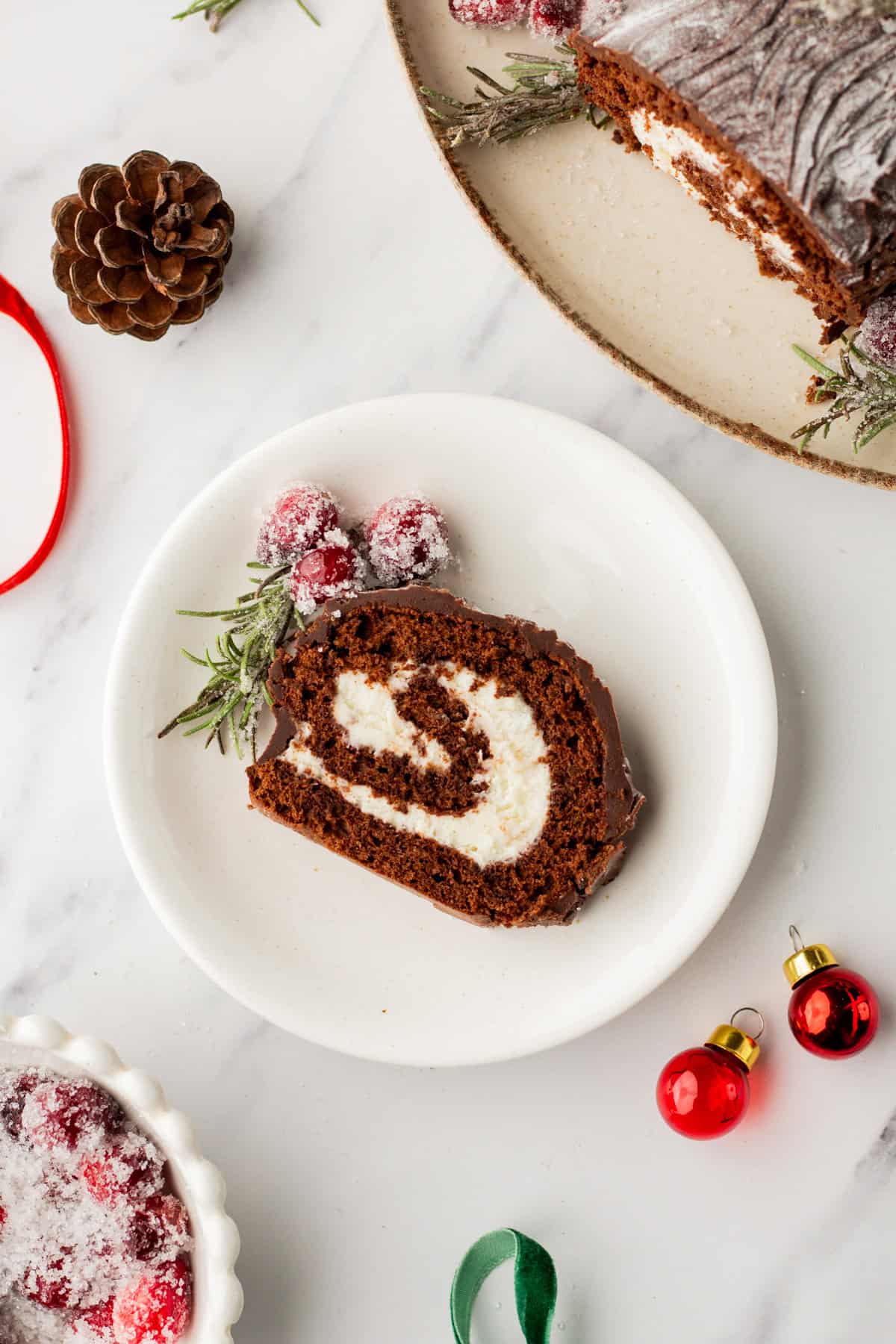 A slice of buche de noel on a white plate.