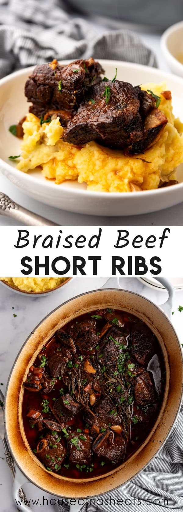 A collage of images of braised beef short ribs with text overlay.