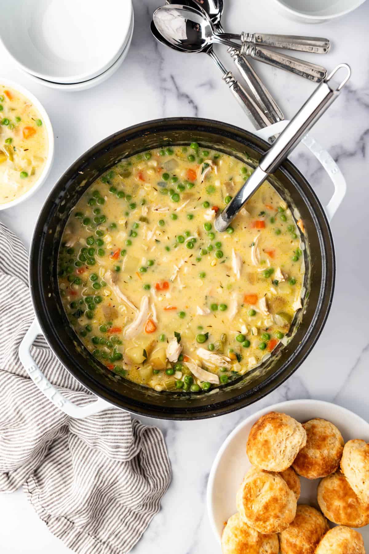 A finished pot of chicken pot pie soup.