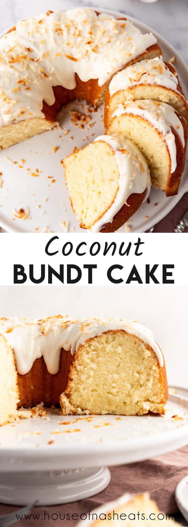 A collage of images of coconut bundt cake with text overlay.