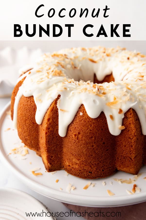 A coconut bundt cake with text overlay.