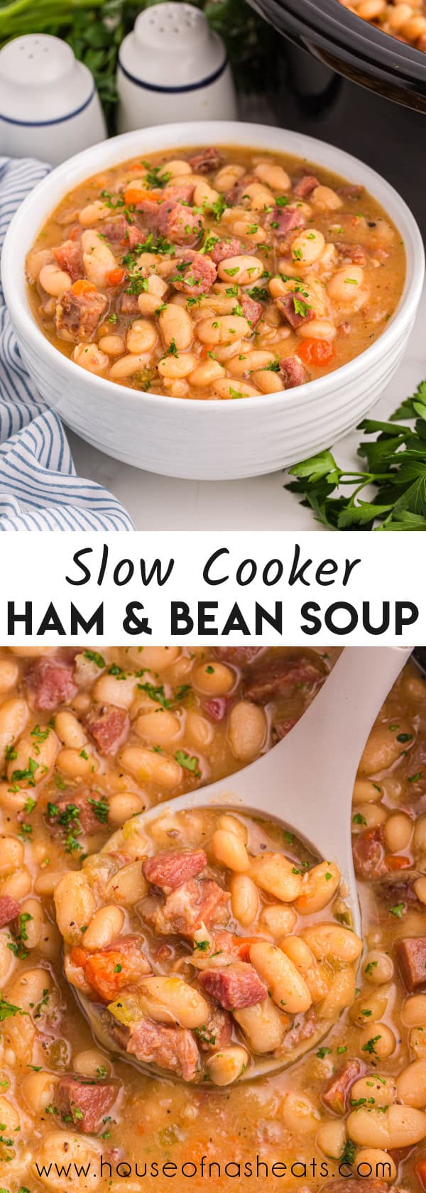 A collage of images of crockpot ham and bean soup with text overlay.