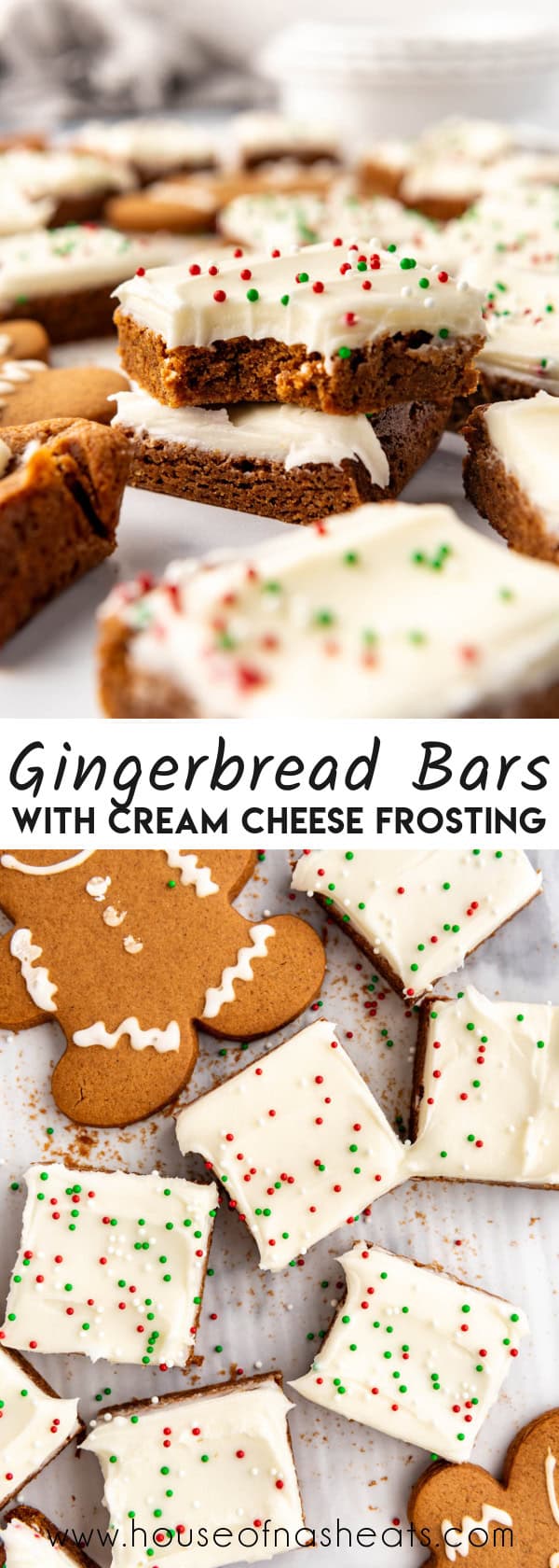 A collage of images of gingerbread bars with text overlay.