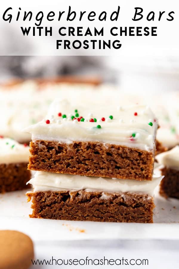 Two stacked gingerbread bars with text overlay.