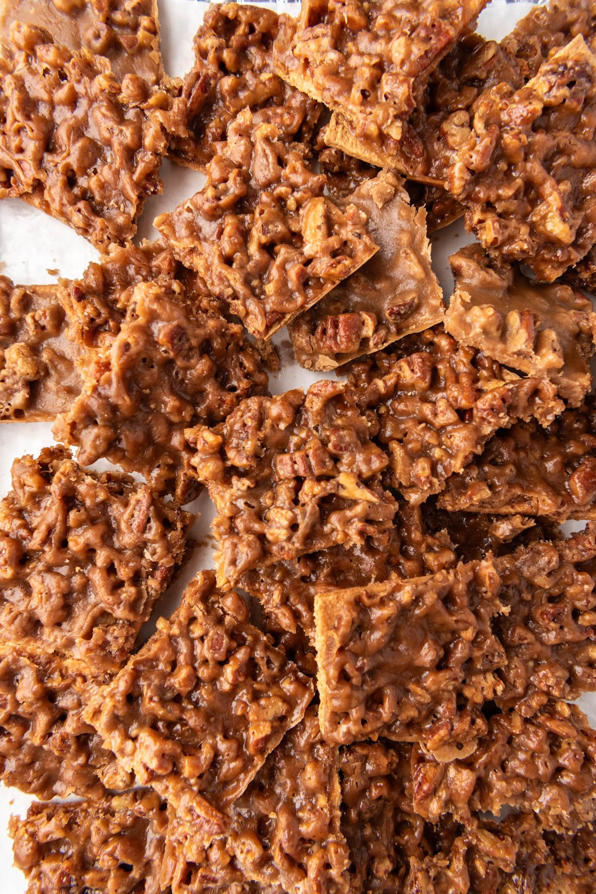 An overhead image of squares of pecan pie bark.