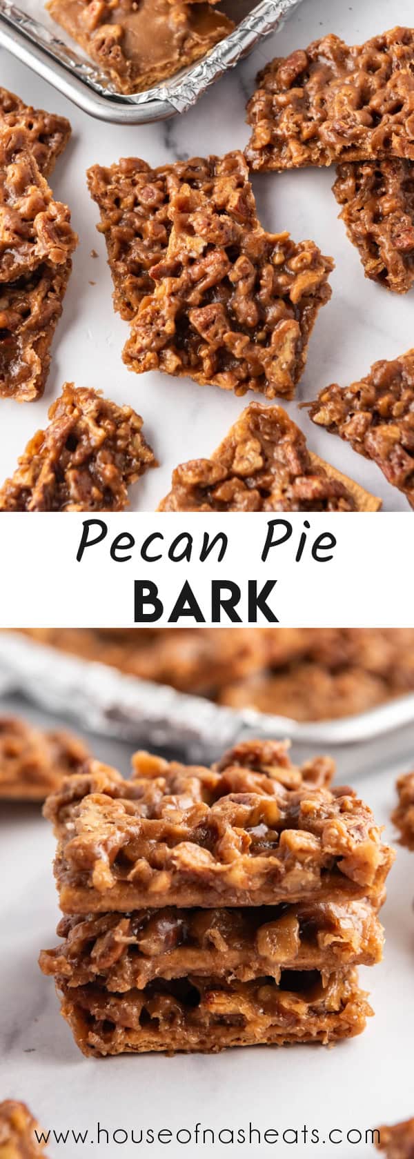 A collage of images of pecan pie bark with text overlay.