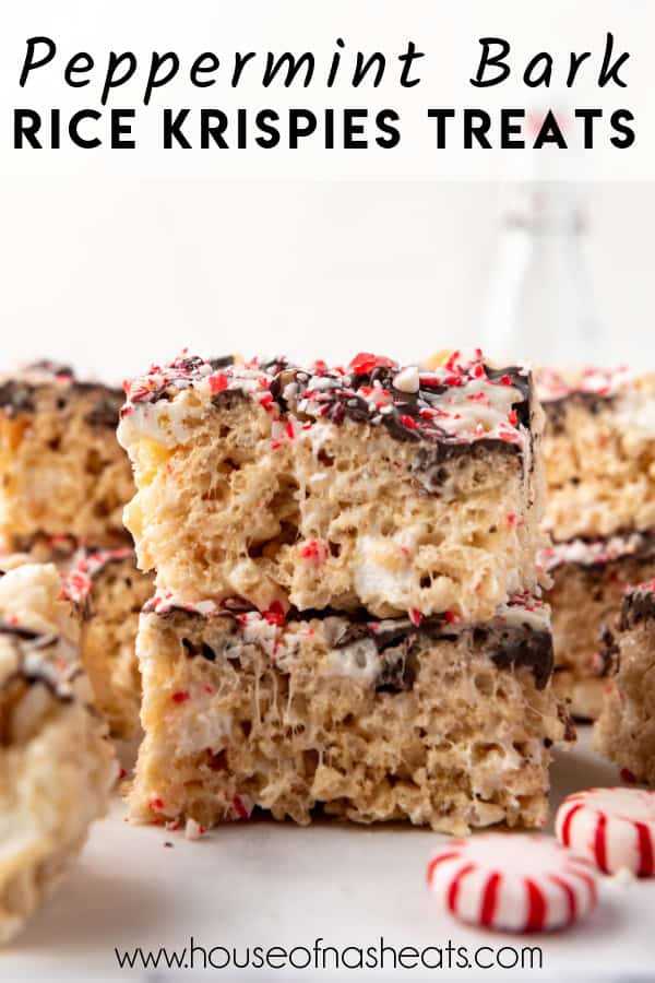 Stacked peppermint bark rice krispies treats with text overlay.