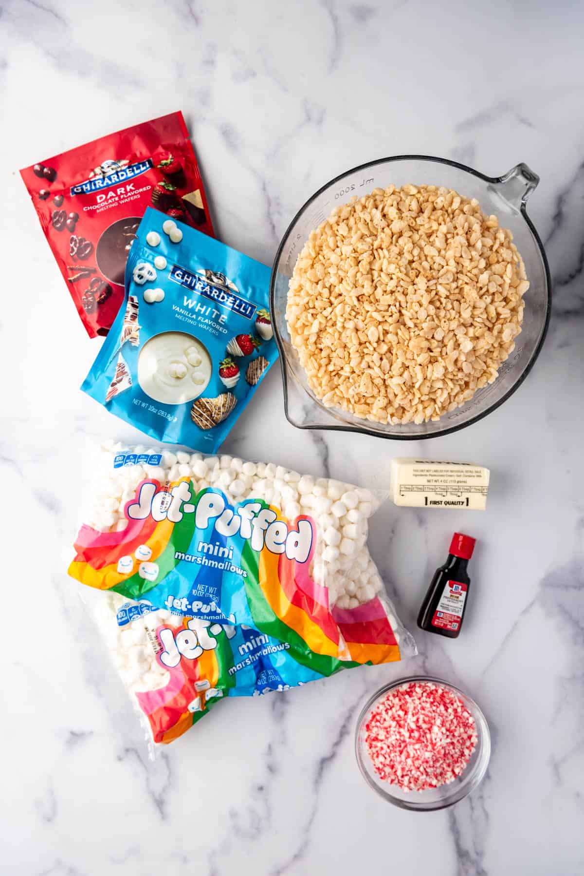 Ingredients for making peppermint bark rice krispies treats.